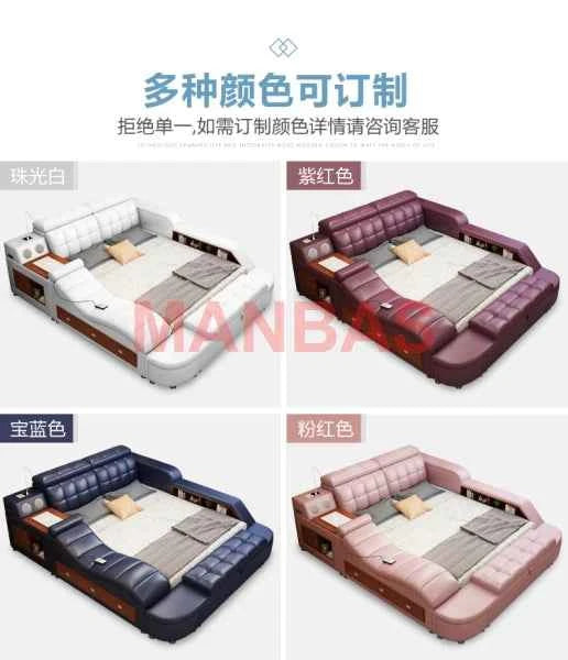 King/Queen Size Multifunctional Bed Tech Smart Beds Ultimate Camas TATAMI Massage Lit Genuine Leather Upholstered Bed with Audio - Mountain ship