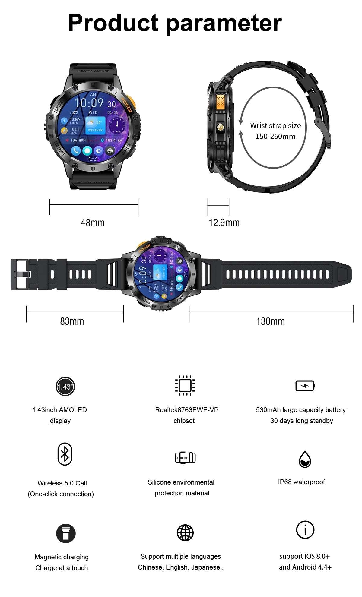 For Huawei Xiaomi New AMOLED Smart Watch Men with Flashlight Sports Waterproof Fitness Tracker Bluetooth Call Smartwatch Man+Box - Mountain ship