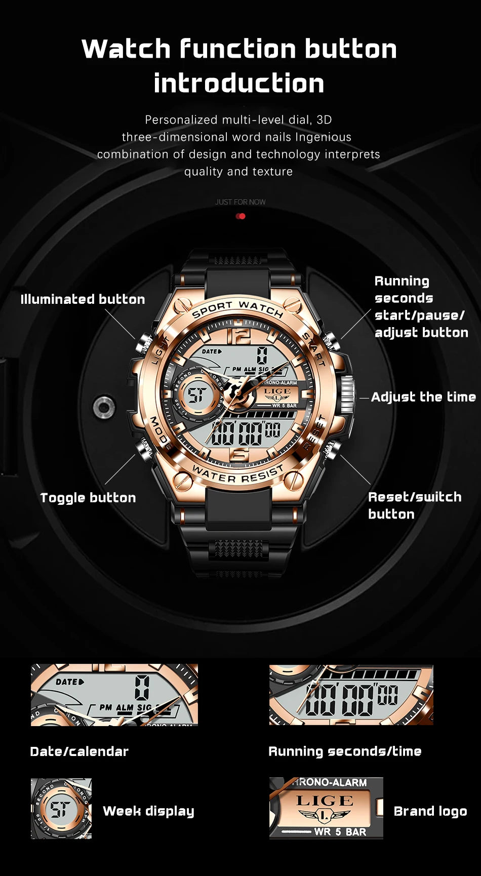 LIGE Men Military Watch Digital 50m Waterproof Wristwatch LED Quartz Clock Sport Watch Male Big Watches Men Relogios Masculino - Mountain ship