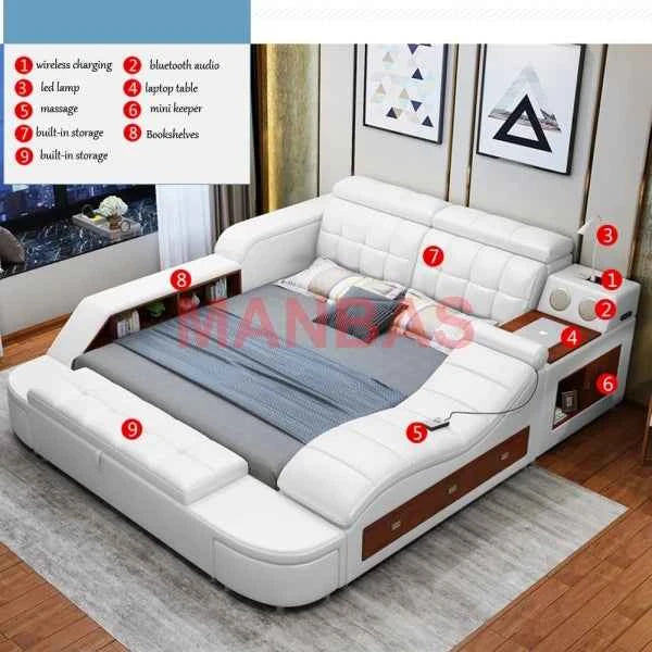 King/Queen Size Multifunctional Bed Tech Smart Beds Ultimate Camas TATAMI Massage Lit Genuine Leather Upholstered Bed with Audio - Mountain ship