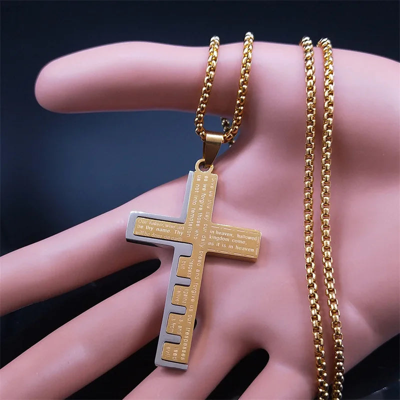 HNSP Stainless Steel Bible Cross Chain Necklace Pendant For Men Jewelry Religion Accessories Gift - Mountain ship
