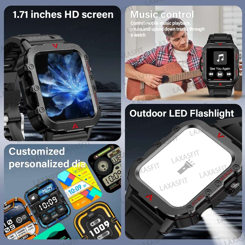 LAXASFIT 2024 Outdoor Military Men's Smart Watch Bluetooth Talk Sports Heart Rate Monitor Smart Watch Android IOS - Mountain ship