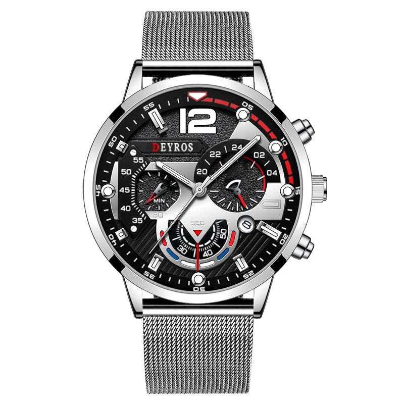 Fashion Mens Business Watches Luxury Stainless Steel Mesh Belt Quartz Wrist Watch Luminous Clock Men Casual Calendar Watch - Mountain ship
