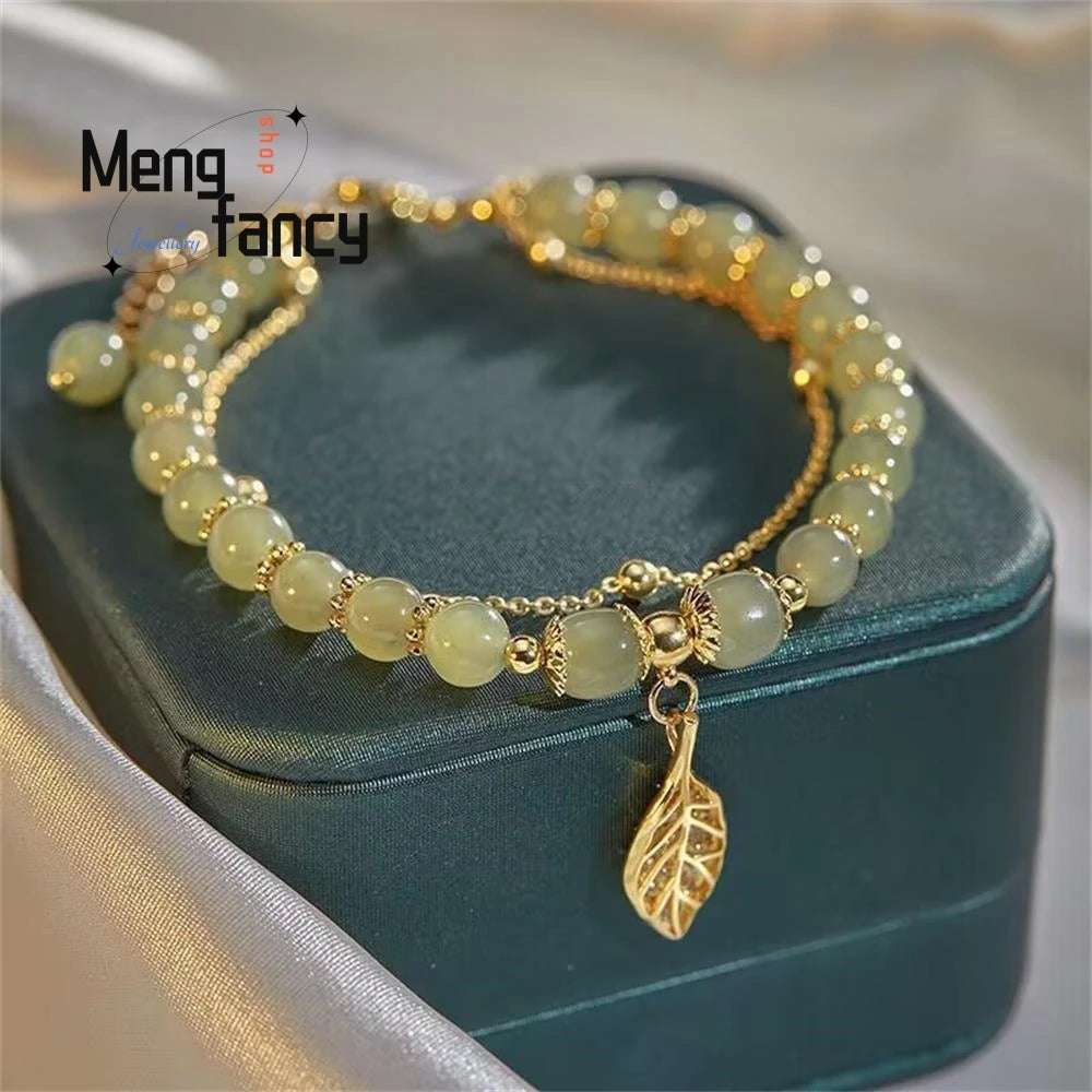 Natural Hetian Jasper Golden Branch Jade Leaves Bracelet Exquisite Sexy Young Girls Fashion Jewelry Best Selling Holiday Gift - Mountain ship