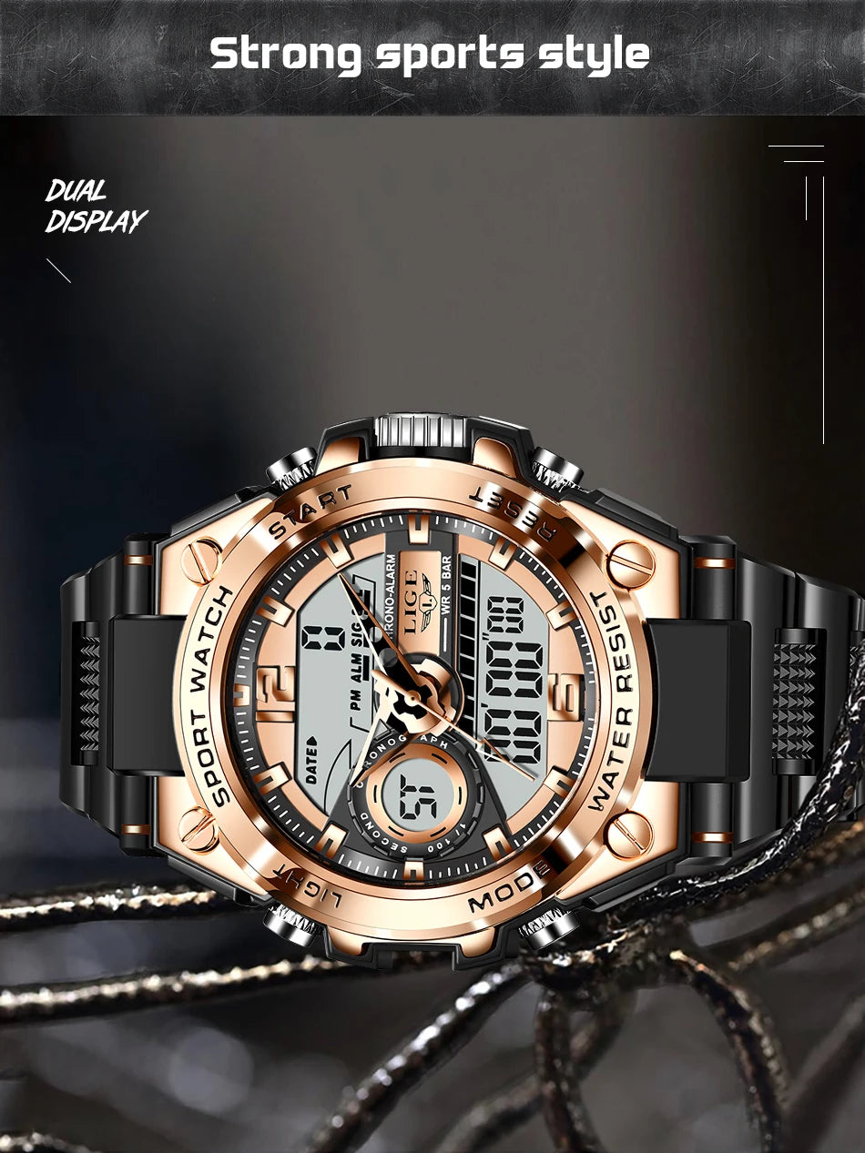 LIGE Men Military Watch Digital 50m Waterproof Wristwatch LED Quartz Clock Sport Watch Male Big Watches Men Relogios Masculino - Mountain ship