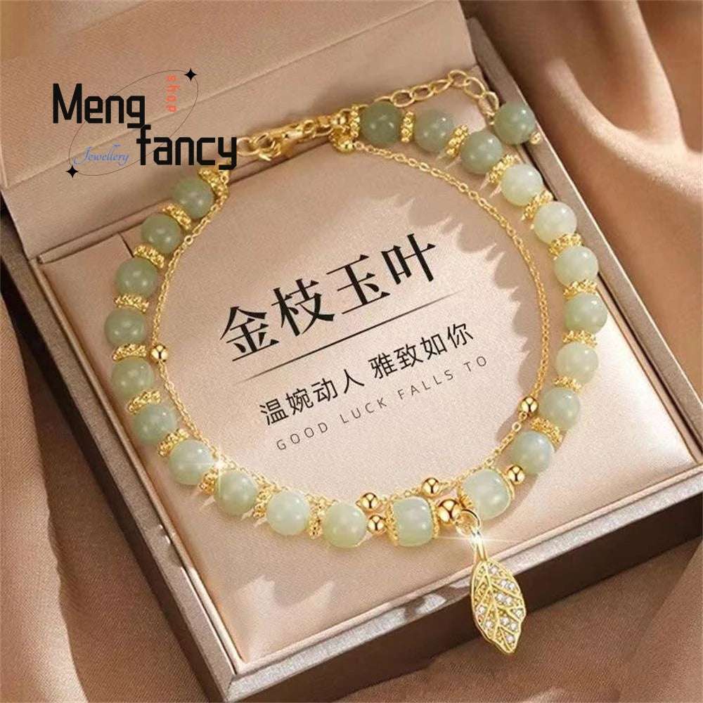 Natural Hetian Jasper Golden Branch Jade Leaves Bracelet Exquisite Sexy Young Girls Fashion Jewelry Best Selling Holiday Gift - Mountain ship