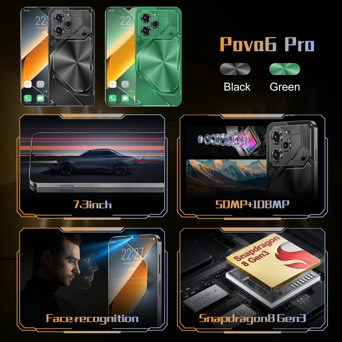 2025 New Global Pova 6 Pro unlocks high-definition screen with a 7.3-inch 22GB+2TB 5G dual analog Celulares Android 14 8000mAh - Mountain ship