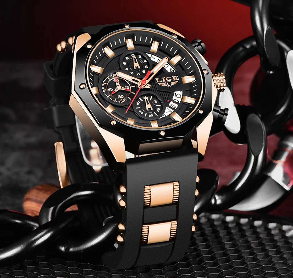 LIGE Fashion Men Watches Top Brand Luxury Silicone Sport Watch Men Quartz Date Clock Waterproof Wristwatch Chronograph Clock Man - Mountain ship