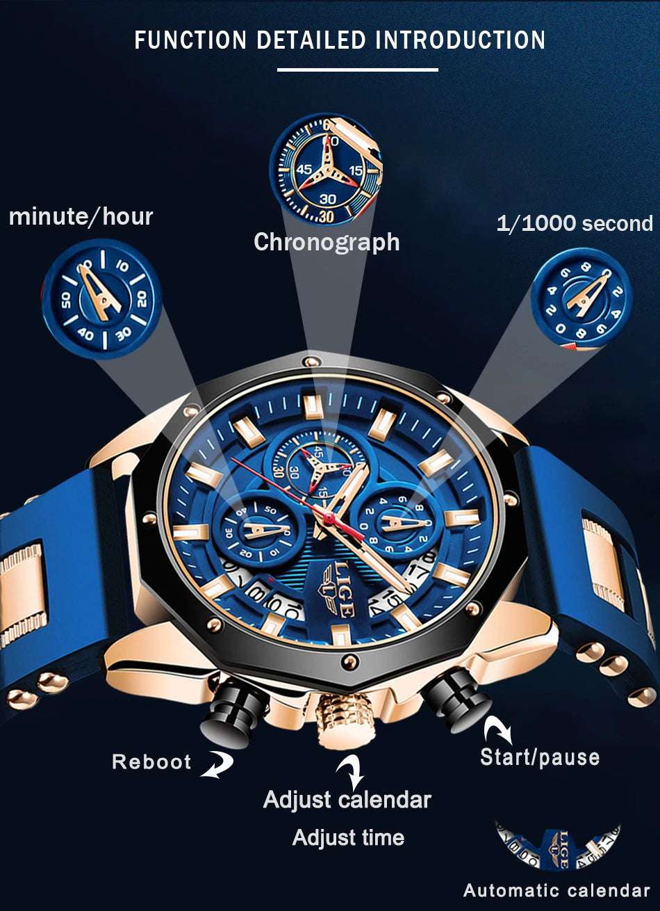 LIGE Fashion Men Watches Top Brand Luxury Silicone Sport Watch Men Quartz Date Clock Waterproof Wristwatch Chronograph Clock Man - Mountain ship