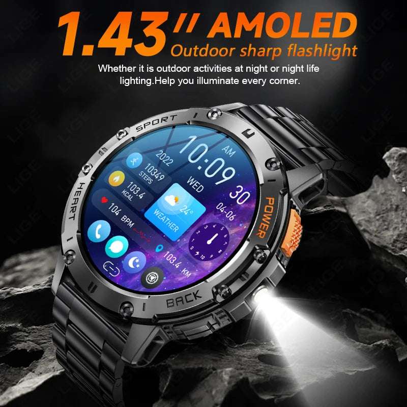 For Huawei Xiaomi New AMOLED Smart Watch Men with Flashlight Sports Waterproof Fitness Tracker Bluetooth Call Smartwatch Man+Box - Mountain ship