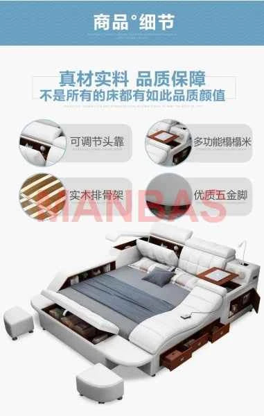 King/Queen Size Multifunctional Bed Tech Smart Beds Ultimate Camas TATAMI Massage Lit Genuine Leather Upholstered Bed with Audio - Mountain ship