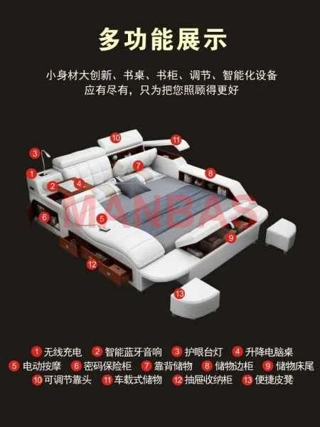 King/Queen Size Multifunctional Bed Tech Smart Beds Ultimate Camas TATAMI Massage Lit Genuine Leather Upholstered Bed with Audio - Mountain ship