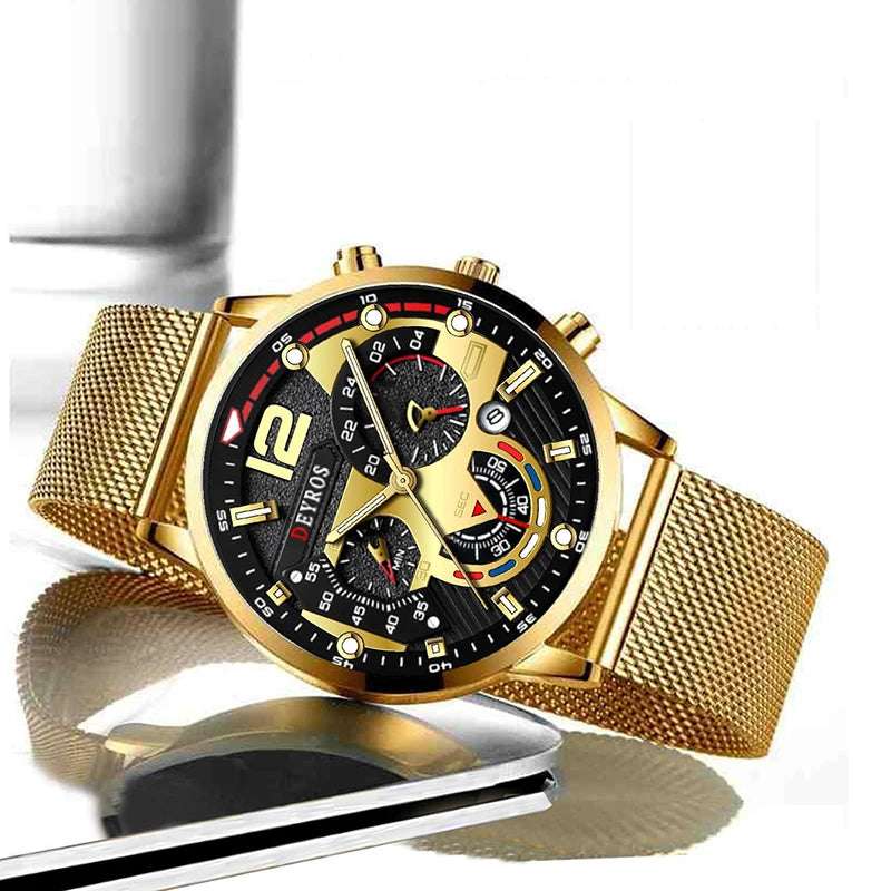 Fashion Mens Business Watches Luxury Stainless Steel Mesh Belt Quartz Wrist Watch Luminous Clock Men Casual Calendar Watch - Mountain ship