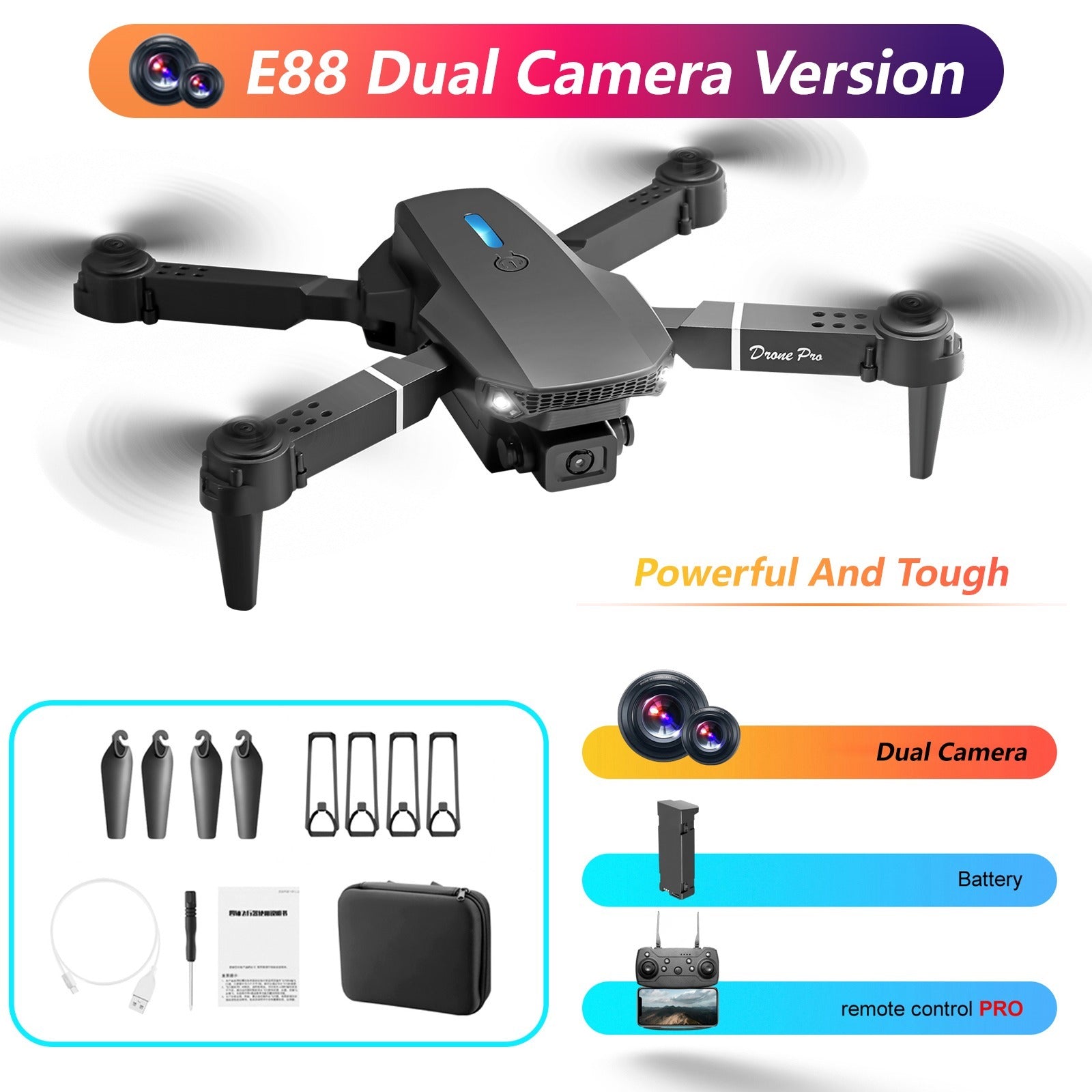 The E88 Dual-camera Drone With Two Batteries Has The Function Of Altitude Hold Mode. It Is Equipped With Dual Lenses And Can Fly Stably. - Mountain ship
