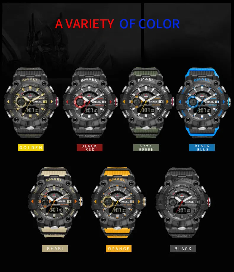 SMAEL Fashion Sport Watches Men Shock Resistant 50M Waterproof Wristwatch LED Alarm Stopwatch Clock Military 8040 Men Watch - Mountain ship
