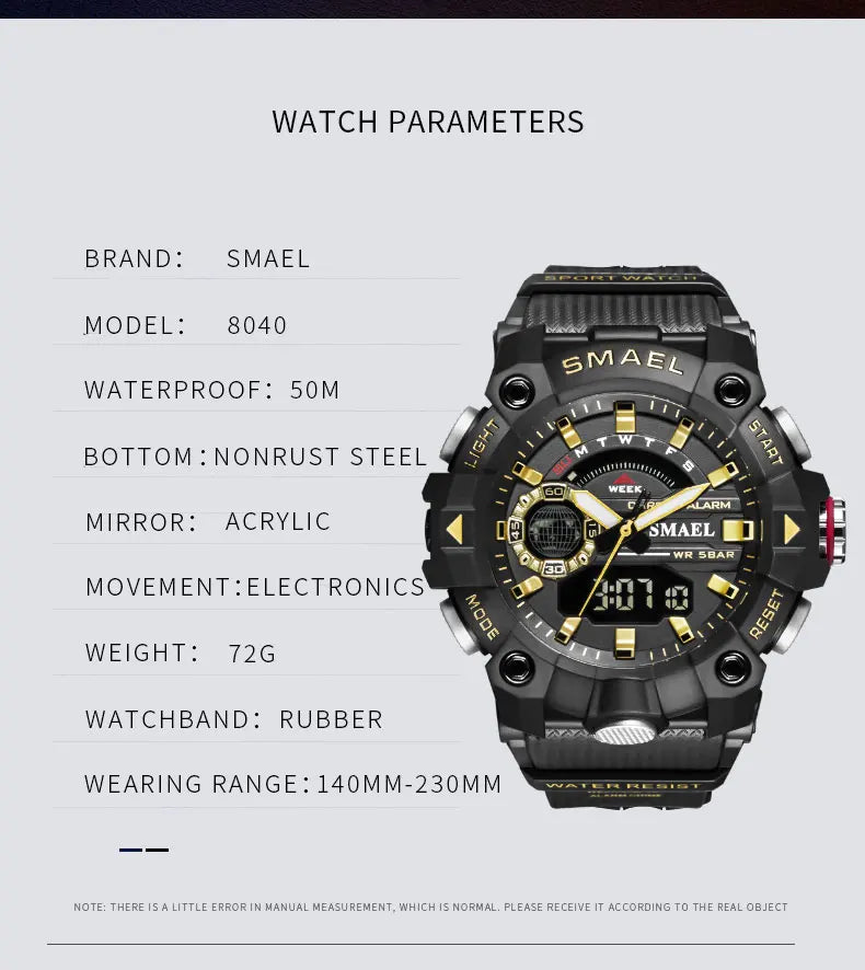 SMAEL Fashion Sport Watches Men Shock Resistant 50M Waterproof Wristwatch LED Alarm Stopwatch Clock Military 8040 Men Watch - Mountain ship