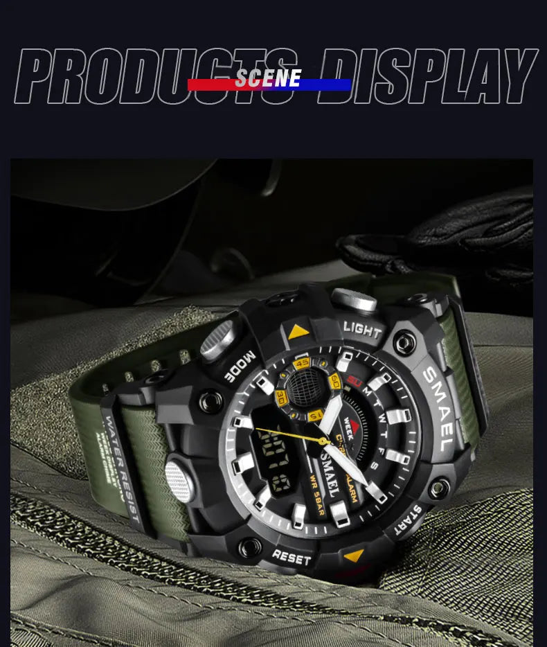 SMAEL Fashion Sport Watches Men Shock Resistant 50M Waterproof Wristwatch LED Alarm Stopwatch Clock Military 8040 Men Watch - Mountain ship