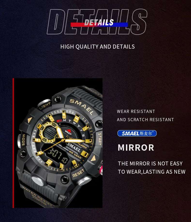 SMAEL Fashion Sport Watches Men Shock Resistant 50M Waterproof Wristwatch LED Alarm Stopwatch Clock Military 8040 Men Watch - Mountain ship
