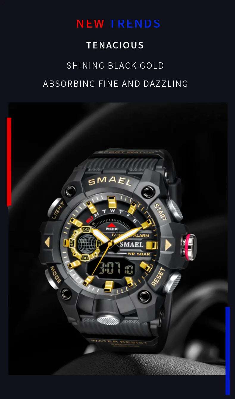 SMAEL Fashion Sport Watches Men Shock Resistant 50M Waterproof Wristwatch LED Alarm Stopwatch Clock Military 8040 Men Watch - Mountain ship