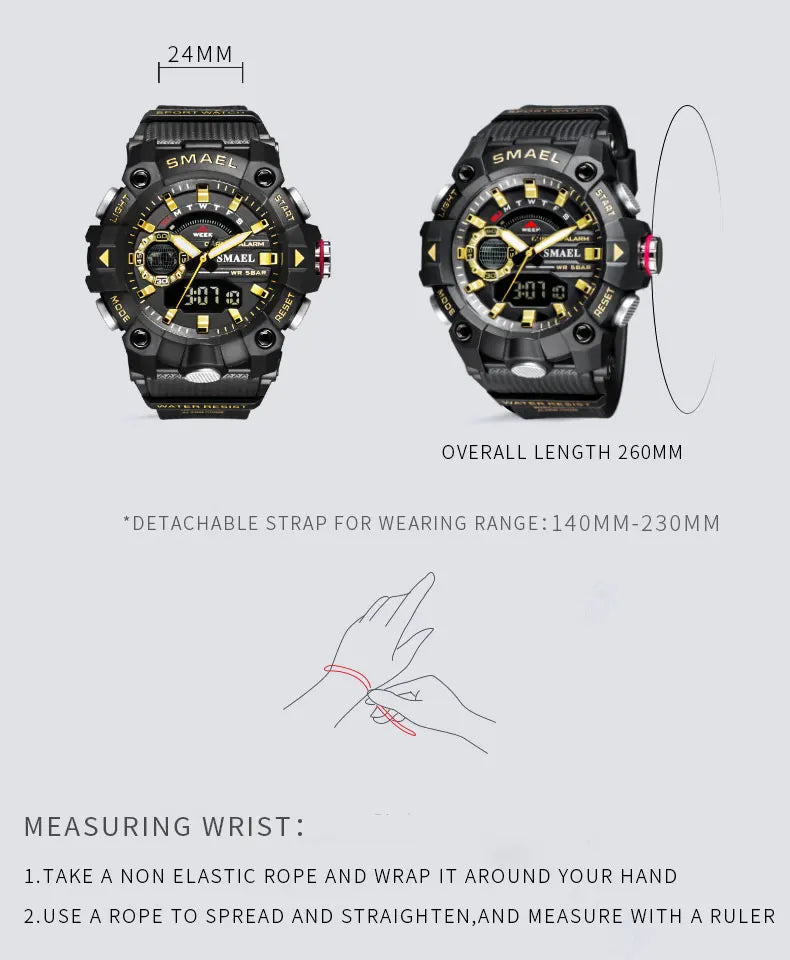 SMAEL Fashion Sport Watches Men Shock Resistant 50M Waterproof Wristwatch LED Alarm Stopwatch Clock Military 8040 Men Watch - Mountain ship