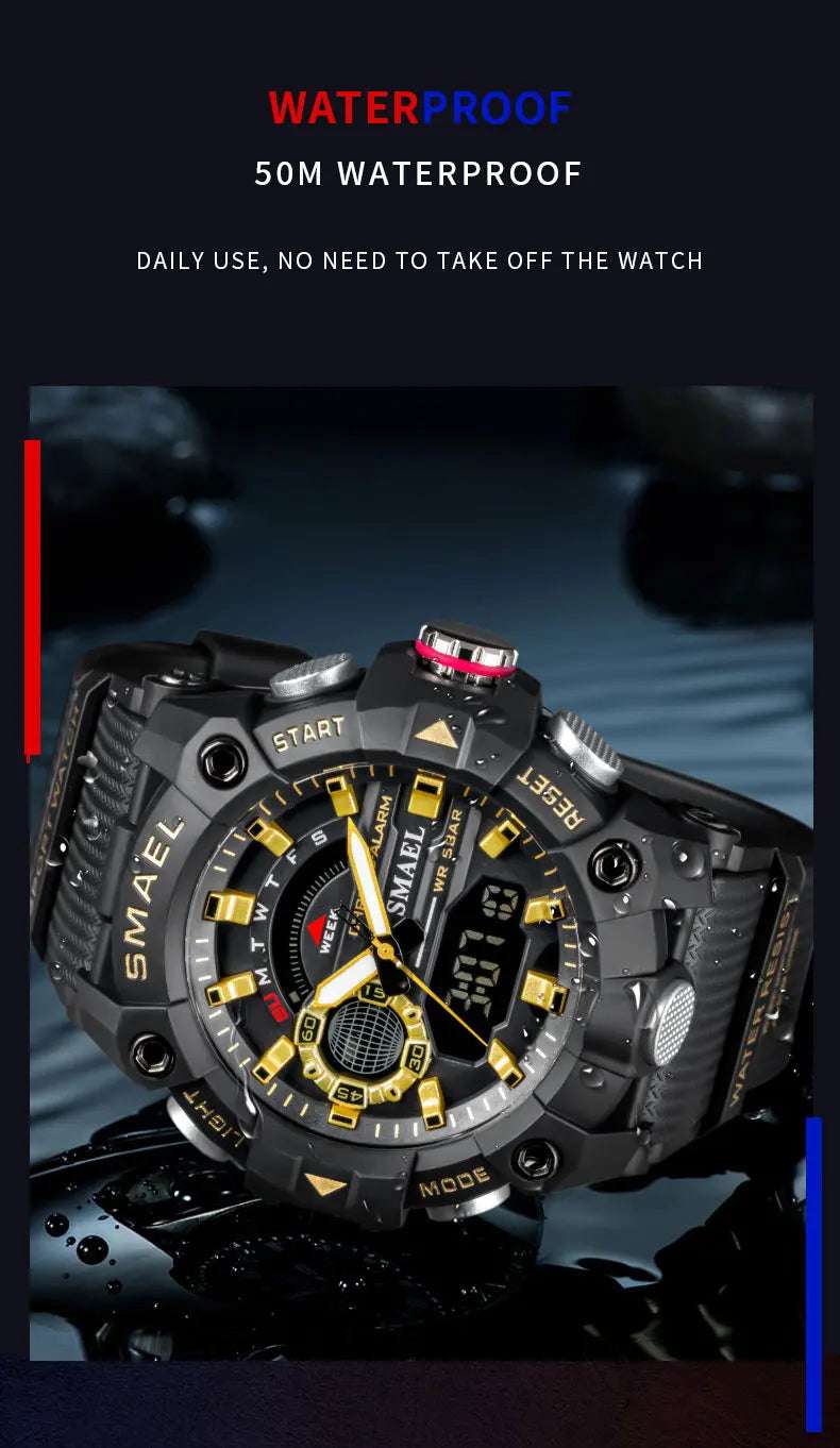 SMAEL Fashion Sport Watches Men Shock Resistant 50M Waterproof Wristwatch LED Alarm Stopwatch Clock Military 8040 Men Watch - Mountain ship