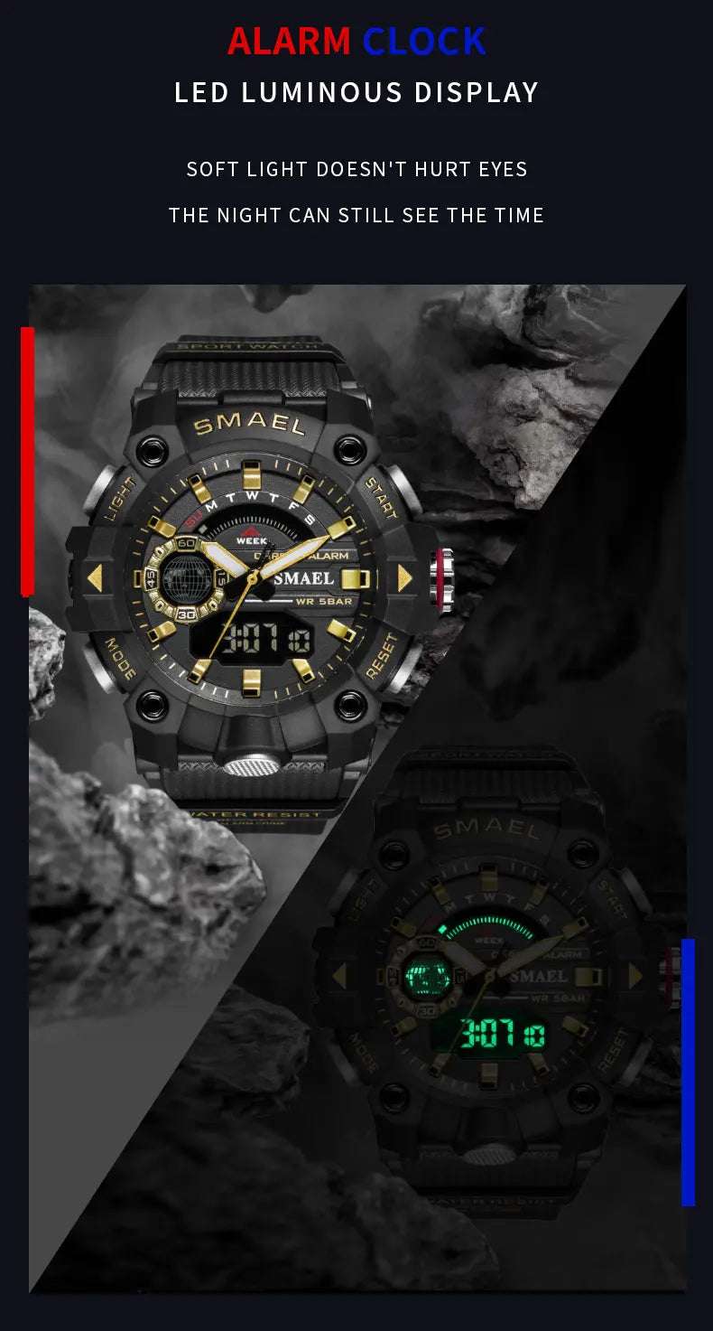 SMAEL Fashion Sport Watches Men Shock Resistant 50M Waterproof Wristwatch LED Alarm Stopwatch Clock Military 8040 Men Watch - Mountain ship