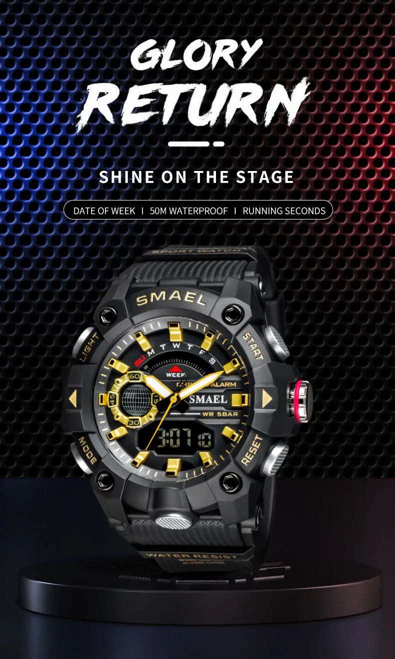 SMAEL Fashion Sport Watches Men Shock Resistant 50M Waterproof Wristwatch LED Alarm Stopwatch Clock Military 8040 Men Watch - Mountain ship
