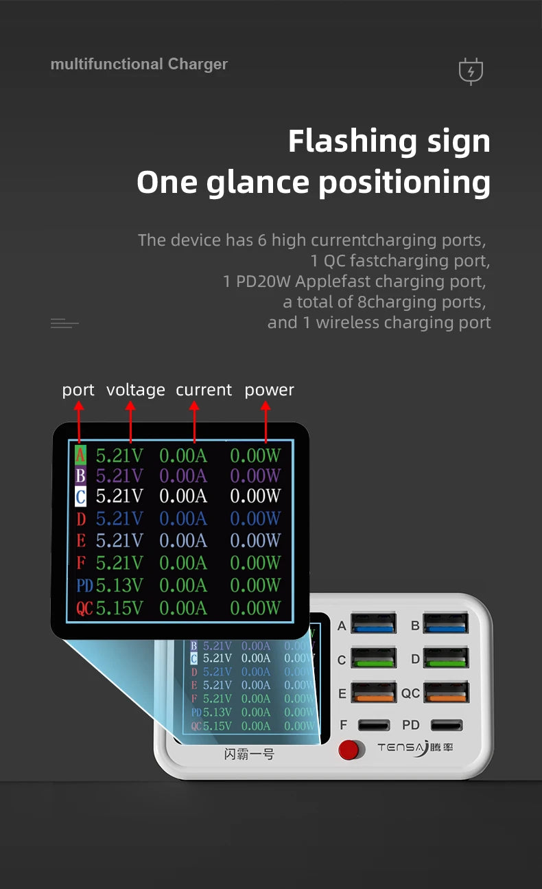 Multi functional 8-port USB Wireless Fast Charging Station Visual Current Detection Charger For Mobile Phone iPad Flash Charging - Mountain ship