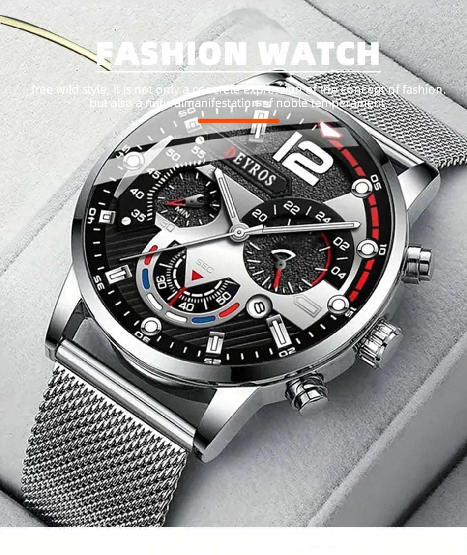 Fashion Mens Business Watches Luxury Stainless Steel Mesh Belt Quartz Wrist Watch Luminous Clock Men Casual Calendar Watch - Mountain ship