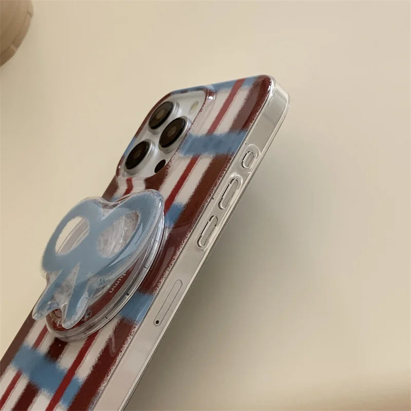 Fashion Plaid Pattern Magnetic Phone Case For iPhone 16 Pro 14 12 13 Pro 15 Max Cover with Cute Bow Holder for Magsafe Cases 14 - Mountain ship