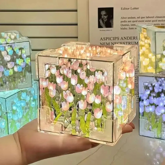 DIY Tulip Mirror Cube Lamp Simulation Artificial Flowers Bedroom Table Lamp Handmade Craft Tulip Mirror Night Light Birthday - Mountain ship
