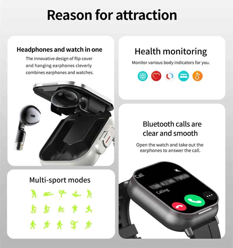 2024 Smart Watch 2 in 1 With Earphone Smartwatch Bluetooth Call Men Watch GPS Track Heart Rate Monitor Play Music SmartWatch - Mountain ship