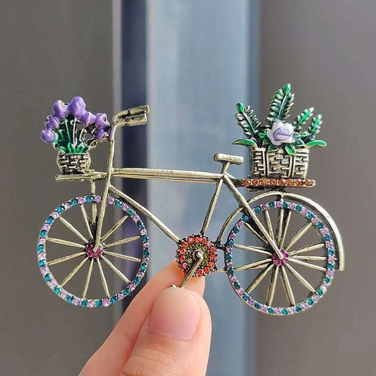 Vintage Creative Flower Bicycle Brooches Fashion Rhinestone Pins Women's Clothing Accessories Charms Bicycle Brooch Jewelry Gift - Mountain ship