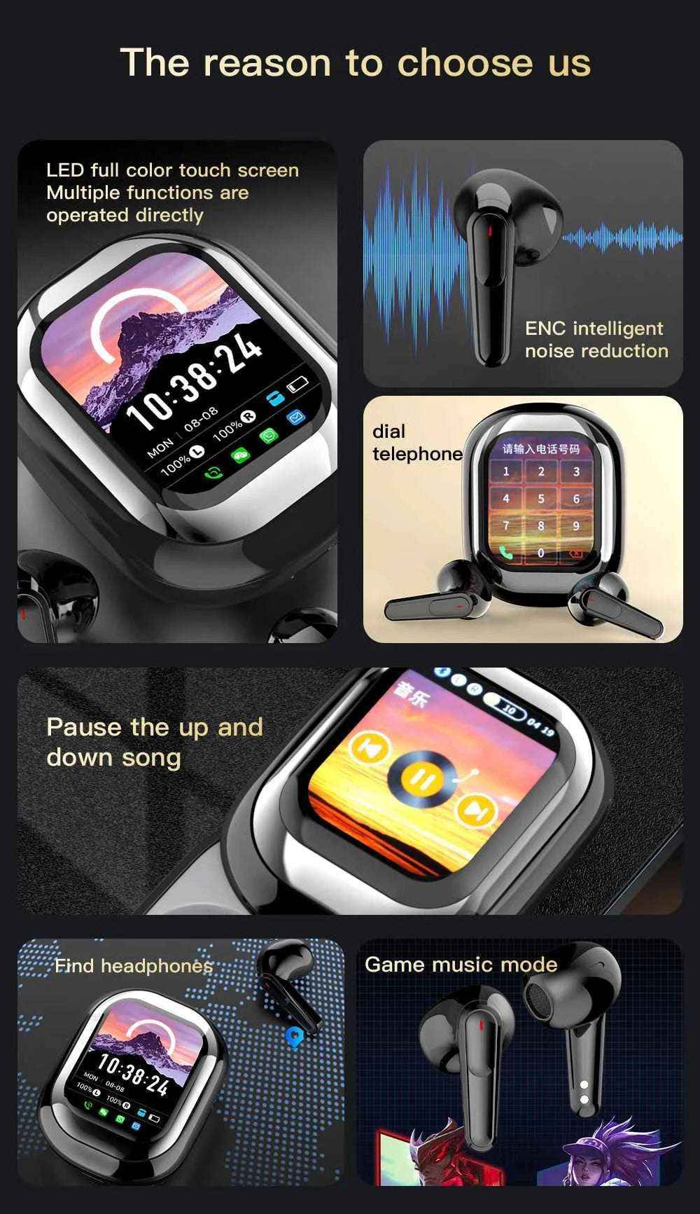 2025 AI Translation Earphones Wireless Bluetooth 5.4 2 Inch Smart Touch Screen Noise Cancellation IPX4 In-Ear Headset - Mountain ship