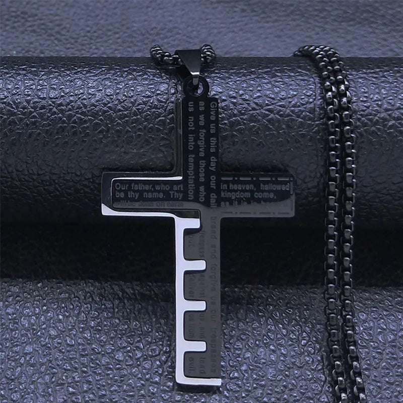 HNSP Stainless Steel Bible Cross Chain Necklace Pendant For Men Jewelry Religion Accessories Gift - Mountain ship