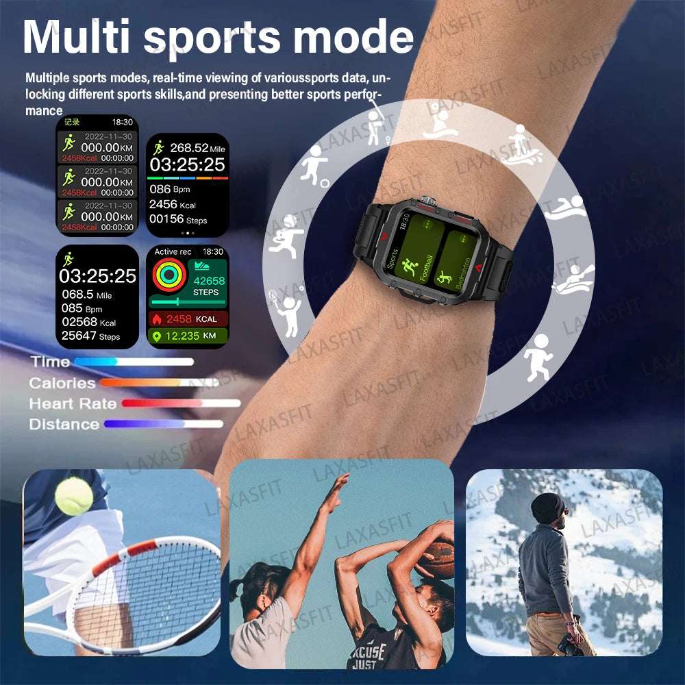 LAXASFIT 2024 Outdoor Military Men's Smart Watch Bluetooth Talk Sports Heart Rate Monitor Smart Watch Android IOS - Mountain ship