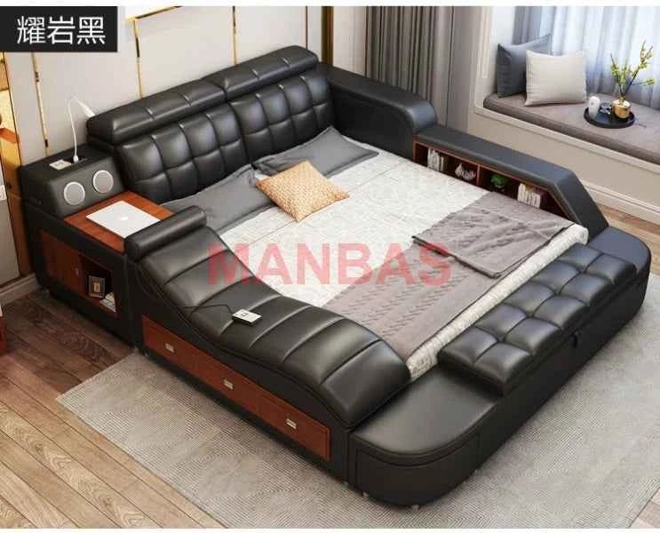 King/Queen Size Multifunctional Bed Tech Smart Beds Ultimate Camas TATAMI Massage Lit Genuine Leather Upholstered Bed with Audio - Mountain ship