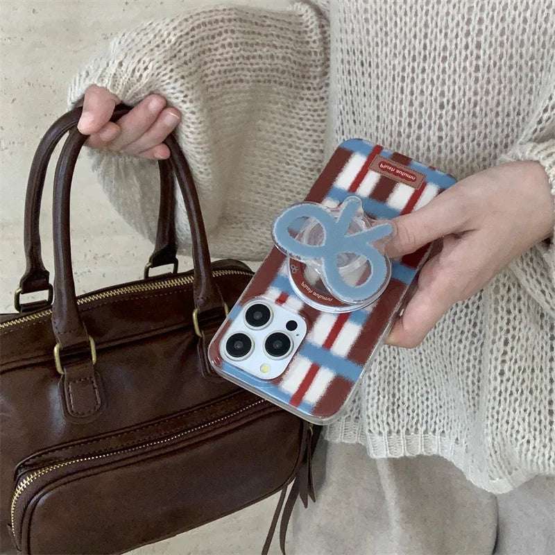 Fashion Plaid Pattern Magnetic Phone Case For iPhone 16 Pro 14 12 13 Pro 15 Max Cover with Cute Bow Holder for Magsafe Cases 14 - Mountain ship