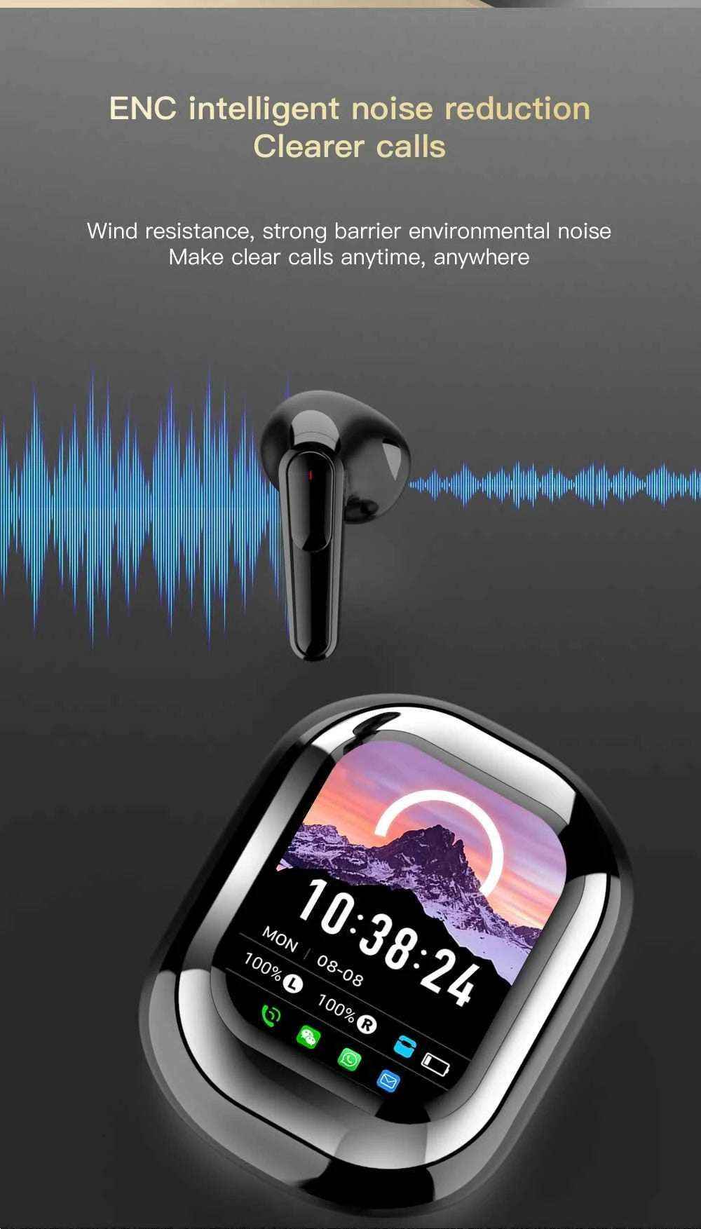 2025 AI Translation Earphones Wireless Bluetooth 5.4 2 Inch Smart Touch Screen Noise Cancellation IPX4 In-Ear Headset - Mountain ship