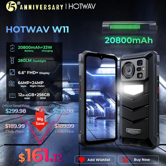 [World Premeire] HOTWAV W11 Rugged Phone 20800mAh 280LM Flashlight 6.6'' FHD+ Smartphone 33W 24MP Night Vision Mobile Phone - Mountain ship