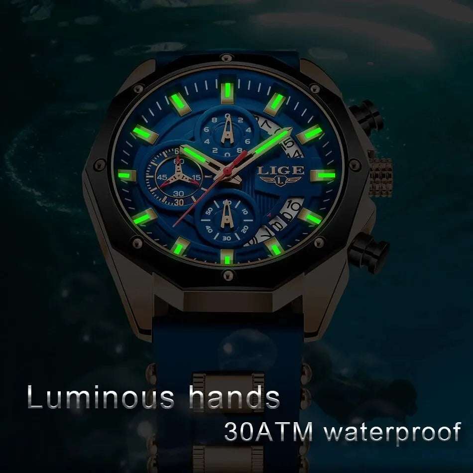 LIGE Fashion Men Watches Top Brand Luxury Silicone Sport Watch Men Quartz Date Clock Waterproof Wristwatch Chronograph Clock Man - Mountain ship
