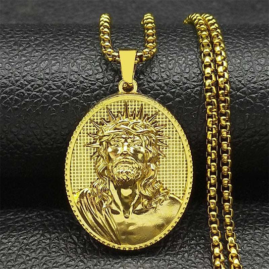 Thorn Jesus Head Pendant Necklace For Women Men Stainless Steel Gold Color Religion Catholic Amulet Chain Jewelry Gifts - Mountain ship