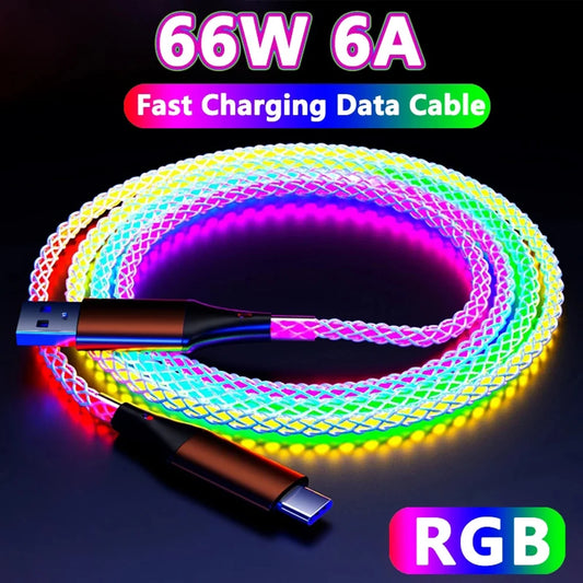 USLION 66W RGB Color Light USB C Fast Charging Cable For Xiaomi Huawei Samsung Dual Type-C Phone Charger Data Cord For iPhone 15 - Mountain ship
