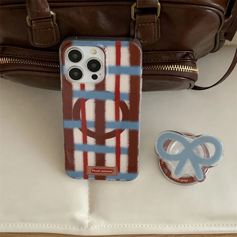 Fashion Plaid Pattern Magnetic Phone Case For iPhone 16 Pro 14 12 13 Pro 15 Max Cover with Cute Bow Holder for Magsafe Cases 14 - Mountain ship