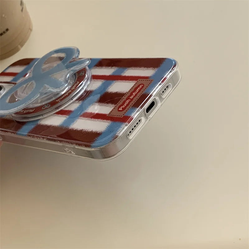 Fashion Plaid Pattern Magnetic Phone Case For iPhone 16 Pro 14 12 13 Pro 15 Max Cover with Cute Bow Holder for Magsafe Cases 14 - Mountain ship