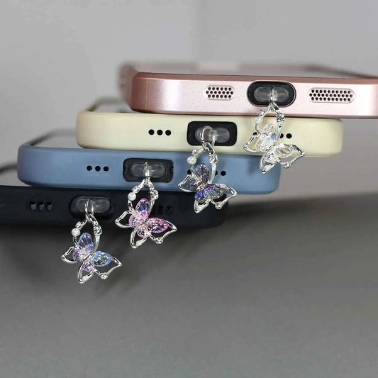 Mobile Phone Dust Plug Pendant New Butterfly With Artificial Pearls And Diamonds Accessory Decoration For IPhone Type-c Port - Mountain ship