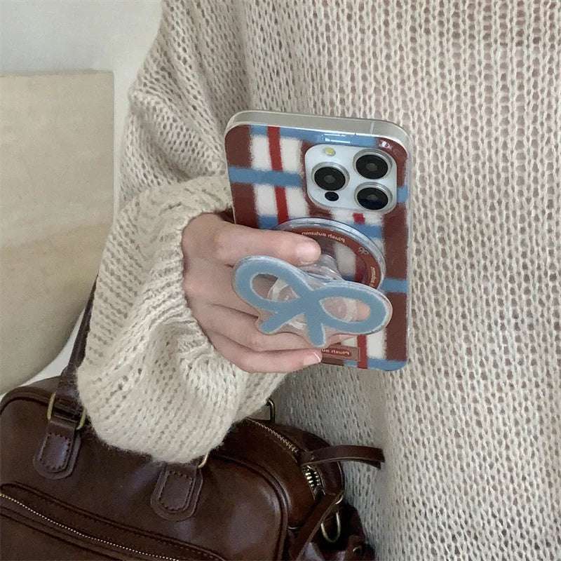 Fashion Plaid Pattern Magnetic Phone Case For iPhone 16 Pro 14 12 13 Pro 15 Max Cover with Cute Bow Holder for Magsafe Cases 14 - Mountain ship
