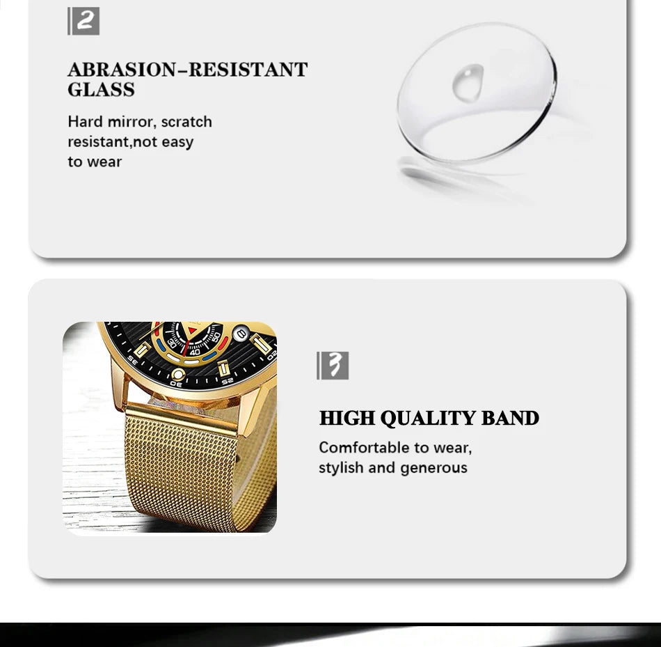 Fashion Mens Business Watches Luxury Stainless Steel Mesh Belt Quartz Wrist Watch Luminous Clock Men Casual Calendar Watch - Mountain ship