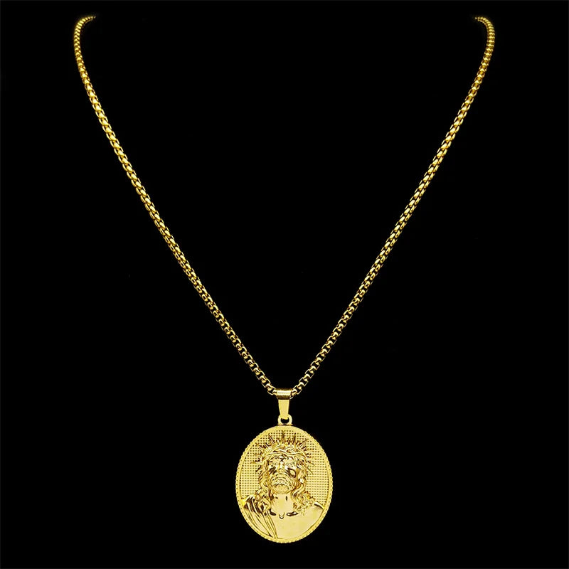 Thorn Jesus Head Pendant Necklace For Women Men Stainless Steel Gold Color Religion Catholic Amulet Chain Jewelry Gifts - Mountain ship