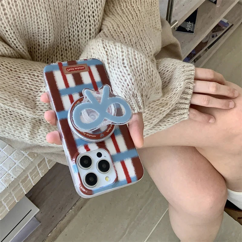 Fashion Plaid Pattern Magnetic Phone Case For iPhone 16 Pro 14 12 13 Pro 15 Max Cover with Cute Bow Holder for Magsafe Cases 14 - Mountain ship